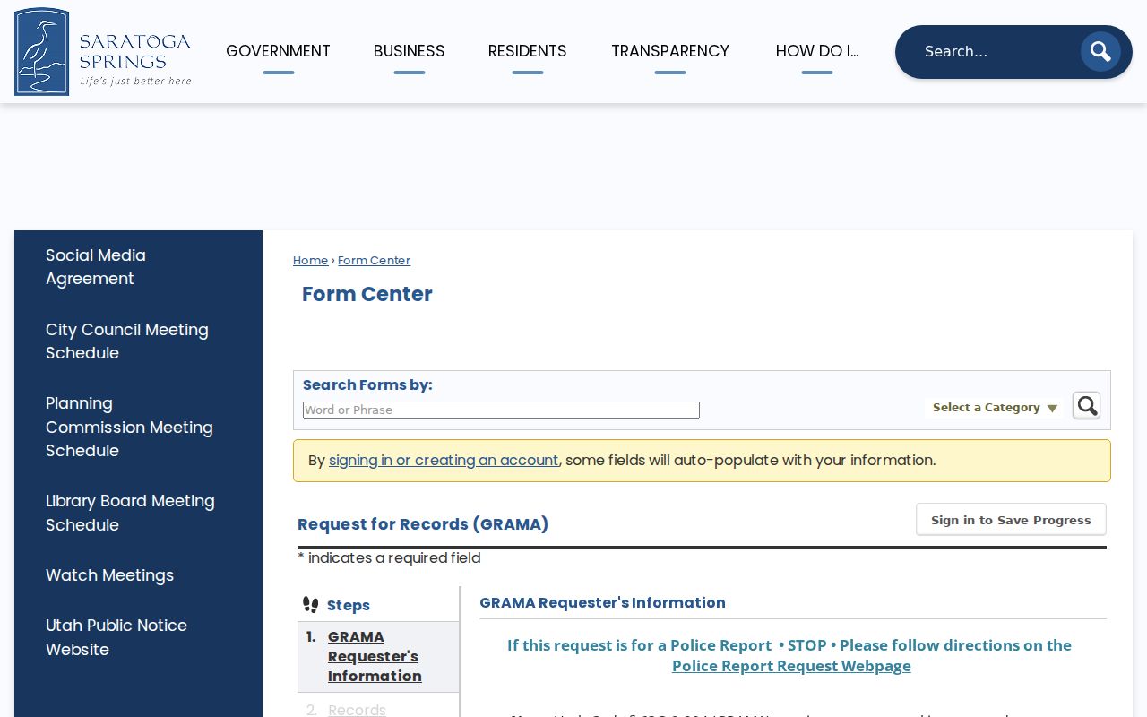 Saratoga Springs residents directory view of the city GRAMA request form