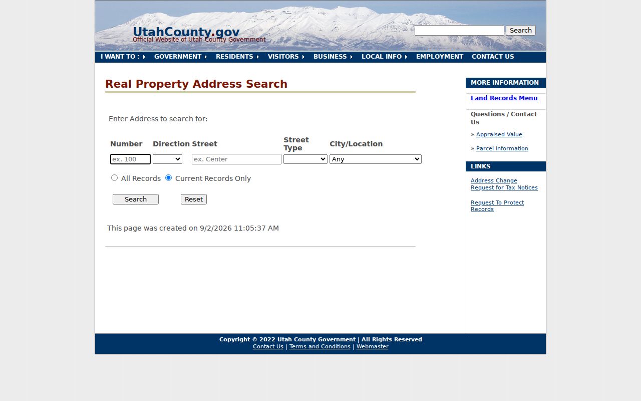 Saratoga Springs street directory view of the Utah County address search form